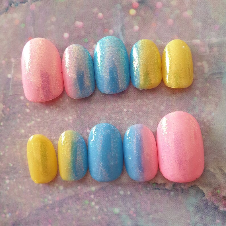 Ombre Pastel Press On Nails Pink Blue Yellow Kawaii Etsy