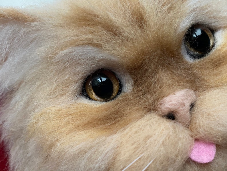 May include: Close-up of a fluffy, light brown cat with white fur around its eyes. The cat has golden eyes and a pink nose. Its tongue is sticking out.
