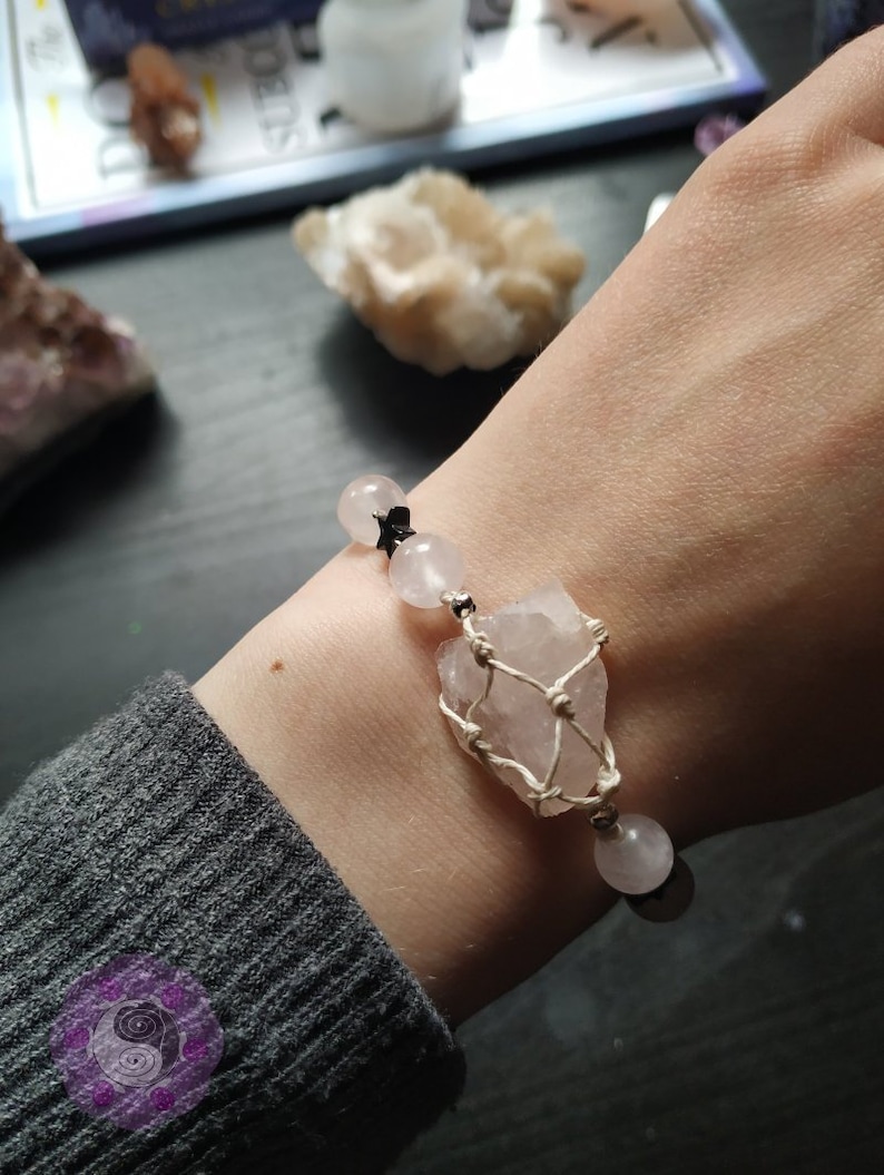 Raw Rose Quartz /& Hematite Bracelet Hemp Cord Handmade Unique Jewelry Gift For Her Gift For Him Boho Style Crystal Macrame Netting