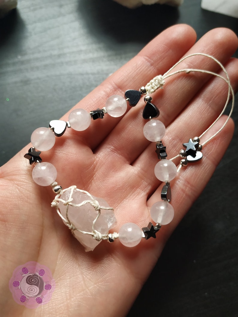 Raw Rose Quartz /& Hematite Bracelet Hemp Cord Handmade Unique Jewelry Gift For Her Gift For Him Boho Style Crystal Macrame Netting