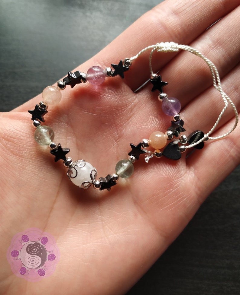 Moonstone and Hematite Bracelet Feminine Crystal Jewelry Gift for her Bridesmaid Gift Boho 100/% Silk Rainbow Moonstone Flourite