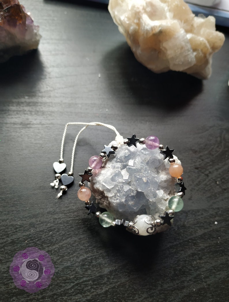 Moonstone and Hematite Bracelet Feminine Crystal Jewelry Gift for her Bridesmaid Gift Boho 100/% Silk Rainbow Moonstone Flourite