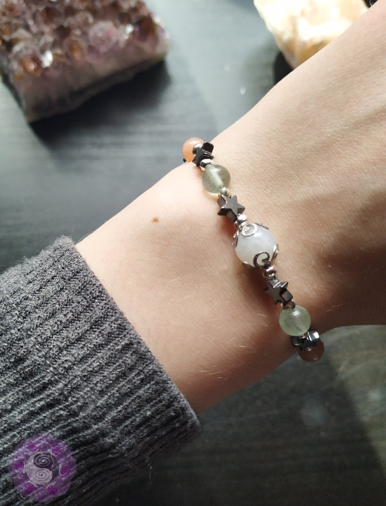 Moonstone and Hematite Bracelet Feminine Crystal Jewelry Gift for her Bridesmaid Gift Boho 100/% Silk Rainbow Moonstone Flourite