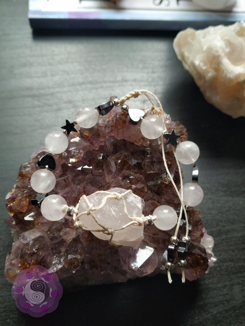 Raw Rose Quartz /& Hematite Bracelet Hemp Cord Handmade Unique Jewelry Gift For Her Gift For Him Boho Style Crystal Macrame Netting