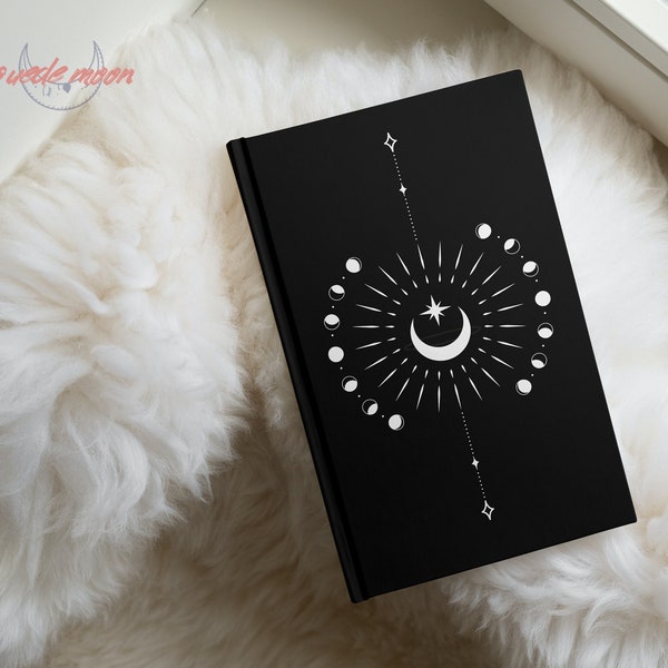 Celestial Moon Phases Hardcover Journal Matte Black, Dream Journal, Moon Child, Tattoo, Stars, Minimalist, Witchcraft, Lined Journal