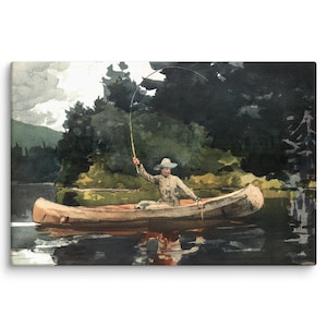 Canoe Fishing Scene – 8x12 canvas print – Vintage Wilderness Art Print – Rustic River & Forest Canvas - Man, Water, and Woodss