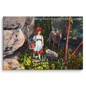 Rotkäppchen im Wald - 200x300 Leinwand - Vintage Märchen Leinwand Druck – Appalachen Folk Art Stil – Rustikale Märchenbuch Dekoration