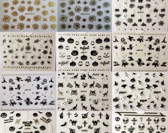 Scarey Halloween Nail Art 3D Glitzer Sticker Decals Transfers Gothic Goth Fledermäuse Katzen Spinnen Hexen Geister Schädel Netze Kreuze