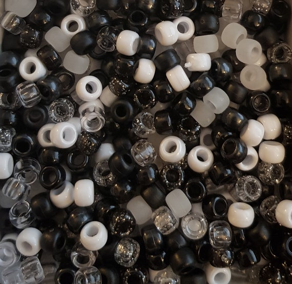 100 Pirate Pony Beads Mix 6mmx9mm Black White Glitter Matte Pearl Glitter  Hair Dummy Clip Jewellery Loom Bands Crafts