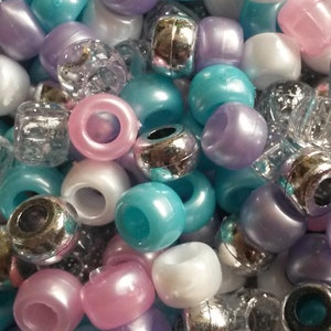 100 Fairytale Pony Beads Mix 6mmx9mm Pink Purple Blue White Silver Pearl Pony Beads. Hair Dummy Clip Jewellery Loom Bands Crafts
