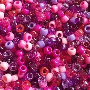 100 Very Berry Pony Beads Mix 6mmx9mm Pink, Purple, Opaque, Clear, Glitter Hair Dummy Clip Jewellery Loom Bands Crafts