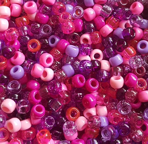 100 Very Berry Pony Beads Mix 6mmx9mm Pink, Purple, Opaque, Clear, Glitter  Hair Dummy Clip Jewellery Loom Bands Crafts 