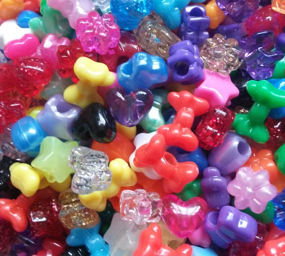 100 Mixed Shapes Pony Beads Mix 6mmx9mm Hearts Bows Stars Flowers