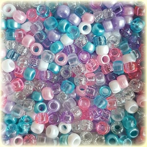 100 cuentas de poni de unicornio mezcladas de 6 mm x 9 mm, azul, rosa, morado, plateado, brillante, perlado, pinza para el cabello, bandas para telar, manualidades