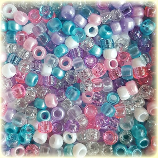 100 Unicorn Pony Beads Mix 6mmx9mm, Blue, Pink,  Purple, Silver, Glitter, Pearl, Hair Dummy Clip Jewellery Loom Bands Crafts