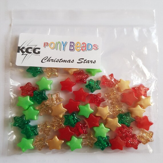 50 Christmas Stars Pony Beads Red Gold Green Glitter Hair Braiding Dummy Clips