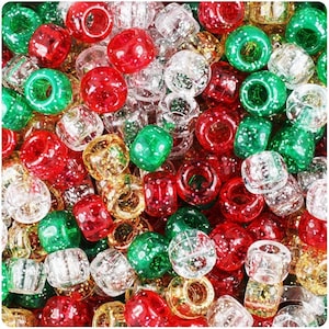 100 Christmas Sparkle Pony Beads Mix 6mmx9mm Red Green Gold Silver Glitter Hair Dummy Clip Jewellery Loom Bands Crafts