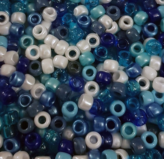 100 Blue Prince Pony Beads Mix 6mmx9mm Blue, White, Glitter Pearl