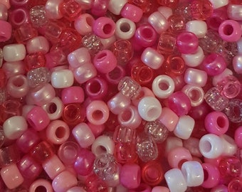 100 Pink Princess Pony Beads Mix 6mmx9mm Pink, White, Pearl, Clear, Glitter Hair Dummy Clip Jewellery Loom Bands Crafts