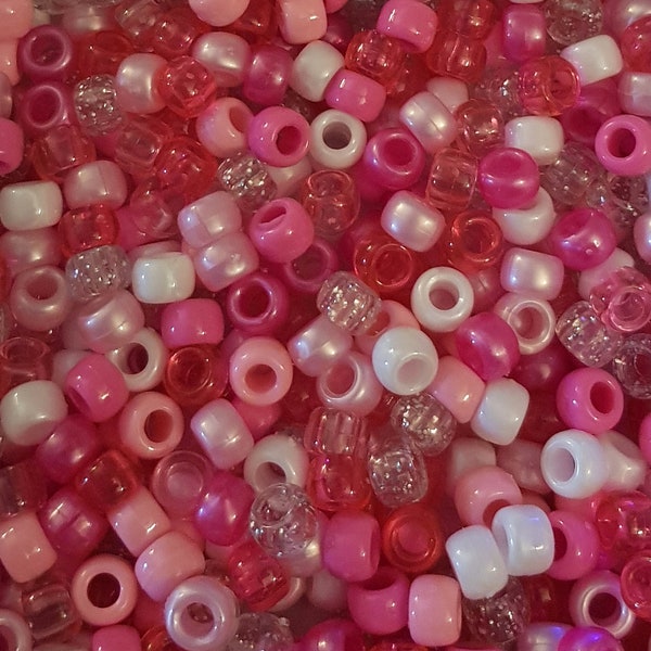 100 Pink Princess Pony Beads Mix 6mmx9mm Pink, White, Pearl, Clear, Glitter Hair Dummy Clip Jewellery Loom Bands Crafts