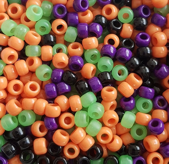 100 Halloween Scream Pony Beads Mix 6mmx9mm Green, Orange, Black, Purple,  Pearl, Neon Frosty Hair Dummy Clip Jewellery Loom Bands Crafts 