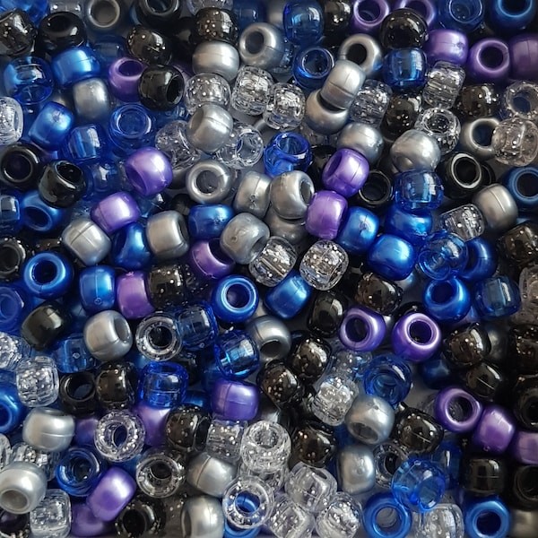 100 Dark Shadows Pony Beads Mix 6mmx9mm Black, Blue, Silver, Glitter, Pearl Pony Beads. Hair Dummy Clip Jewellery Loom Bands Crafts