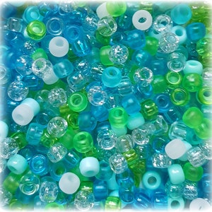 100 Mermaid Pony Beads Mix 6mmx9mm Seaglass, Green, Blue, Frosted, Matte, Glitter, Clear  Hair Dummy Clip Jewellery Loom Bands Crafts