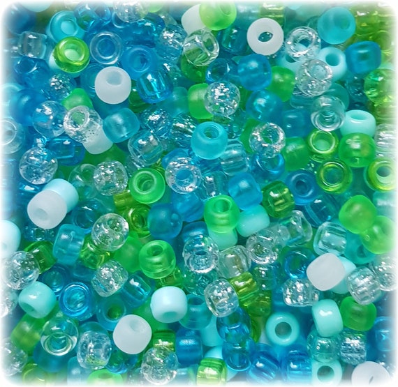 100 Mermaid Pony Beads Mix 6mmx9mm Seaglass, Green, Blue, Frosted