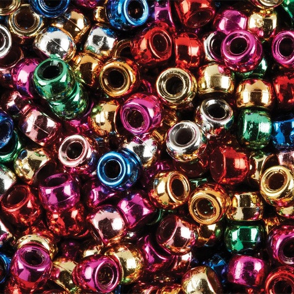 100 Metallic Pony Beads Mix 6mmx9mm Red, Green, Blue, Pink, Gold, Silver,  Hair Dummy Clip Jewellery Loom Bands Crafts