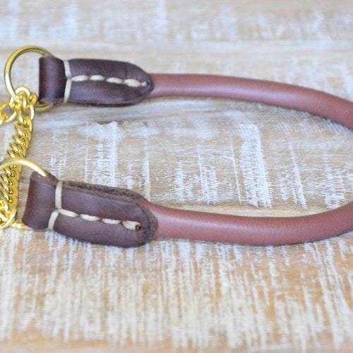 Rolled Leather Martingale Dog Collar With Chain Etsy