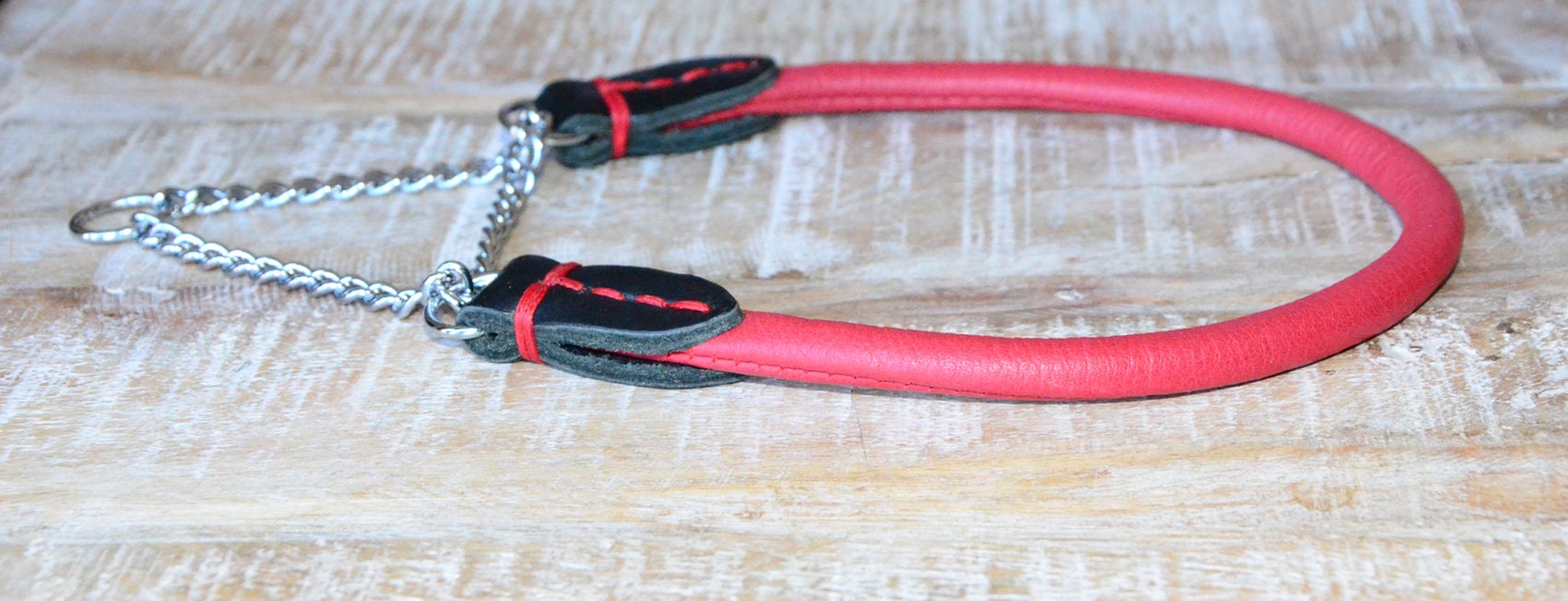 Rolled Leather Martingale Dog Collar With Chain Etsy