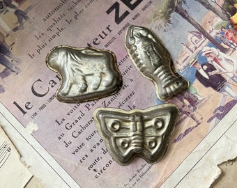 Set of Three Rustic Vintage Tin Chocolate Moulds / Butterfly/ Lobster / Bear