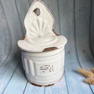 Classic French Antique Enamel Faded Silver and White Chippy Salt Cellar / Wall Hanging Sel