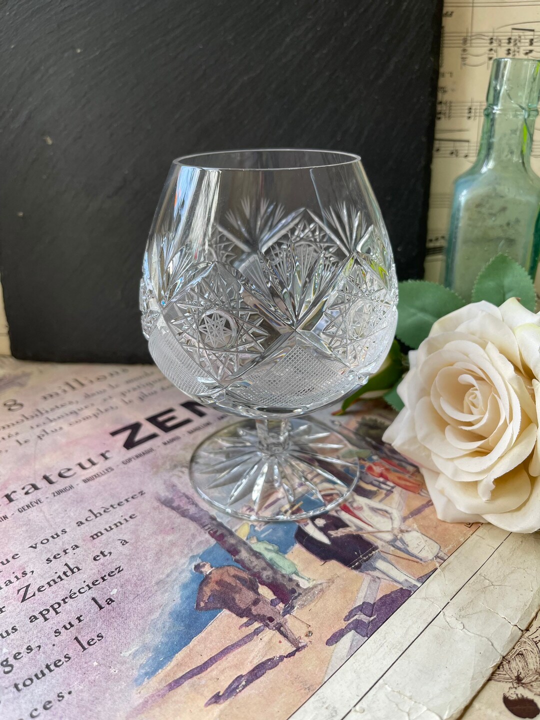 Vintage Etched Lead Crystal Brandy Balloon Glass With Star Design Etsy