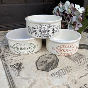 Antique R Seager of Ipswich Ironstone Meat Paste Pots / Victorian Advertising / Potted Meat / Chicken and Ham / Ham and Tongue / Home Made