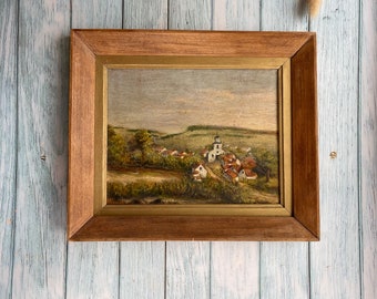 Vintage French Oil Painting of a Rural Village Scene with Church in Frame