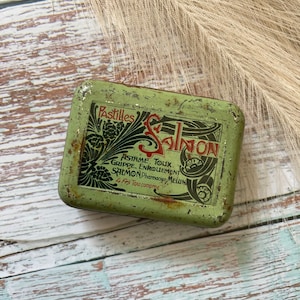 Lata francesa antiga/pastilhas de salmão/Art Nouveau/caixa de remédios/lata verde antiga decorativa