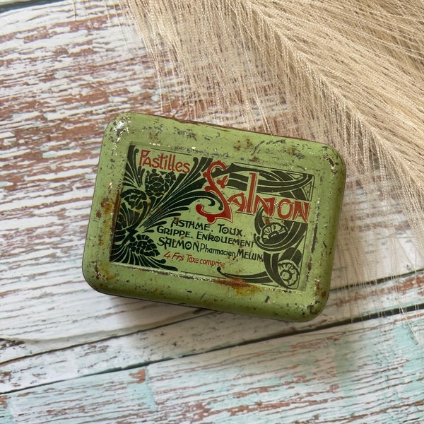 Antique French Tin / Salmon Pastilles / Art Nouveau / Medicine Box / Decorative Antique Green Tin