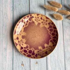 Antique 19th Century French Small Terre de Fer Burgundy Plate with Stencil Floral Design