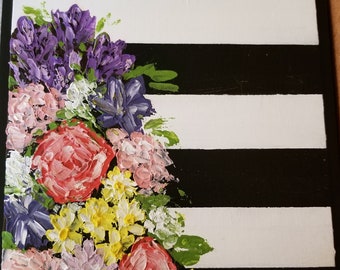 Bundle of Flowers on Striped Background Original Acrylic Painting