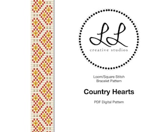 Loom or Square Stitch Miyuki Delica Bracelet Beading Pattern - Country Hearts