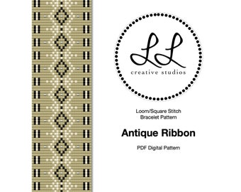 Loom or Square Stitch Miyuki Delica Bracelet Beading Pattern - Antique Ribbon