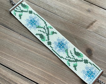 Miyuki Beaded Cuff Blue Flower Bracelet, Wide Bracelet, Loom Bracelet