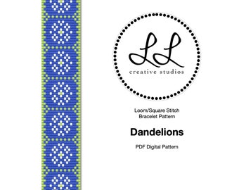 Loom or Square Stitch Miyuki Delica Bracelet Beading Pattern - Dandelions