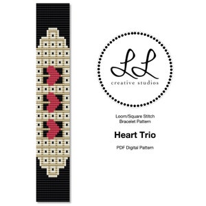 Loom or Square Stitch Miyuki Delica Bracelet Beading Pattern - Heart Trio