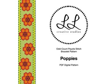 Peyote Miyuki Delica Bracelet Beading Pattern - Poppies