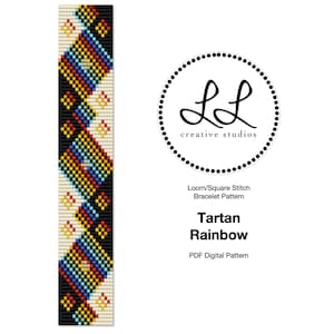 Loom or Square Stitch Miyuki Delica Bracelet Beading Pattern - Tartan Rainbow