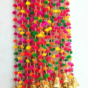 50 Pcs Multicolor Pom Pom Garland with Bells: Indian Wedding Decor