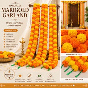 Könnte beinhalten: Drei lange, handgefertigte Ringelblumen-Girlanden mit abwechselnd orangefarbenen und gelben Kunstblumen. Die Girlanden werden vertikal hängend präsentiert, ergänzt durch Nahaufnahmen, die die Textur der Blüten und eine Schale mit losen Blumen zeigen.