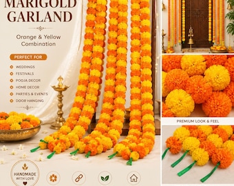 May include: Three long handmade marigold garlands featuring alternating orange and yellow artificial flowers. The garlands are displayed hanging vertically, with additional close-up views showing the flower texture and a bowl of loose marigolds.